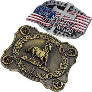 Men Gold 2 Pieces Western Cowboy & American Flag Cross Belt Buckle